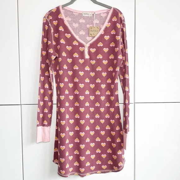 Hello Nite Nightgown Rainbow Hearts Pink Purple Size Small Waffle Knit Cozy NWT - Picture 1 of 8